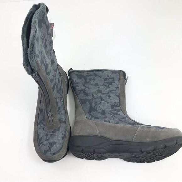 Land’s End Gray Suede Floral Canvas Front Zip Faux Fur Lined Thermolite Boot NEW - Picture 14 of 16